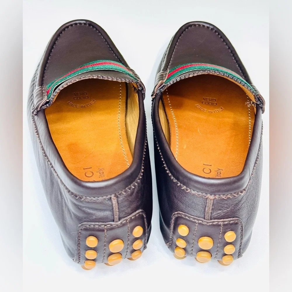 Men’s Gucci Web Accent Leather Drivers Moccasin Dark Brown Size 8.5 New no Box!